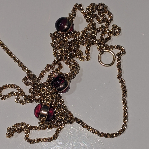 Sold❤️14k Yellow Gold Rhodolite Red Garnet Cabochon Gemstone Station Necklace - Picture 9 of 16